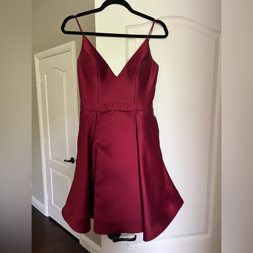 JVN Burgundy Spaghetti Strap Pleated Mini Dress